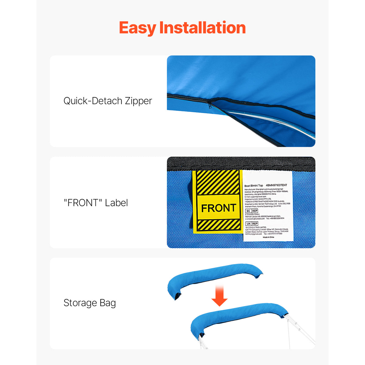4 Bow Bimini Top Replacement Cover, 8 Ft Long, Durable 600D Marine Grade Waterproof Sun Shade Boat Canopy With Storage Boot, Easy Install Zipper Sleeve Awning, 96 L X 91-96 W, Blue No Frame — product image 6