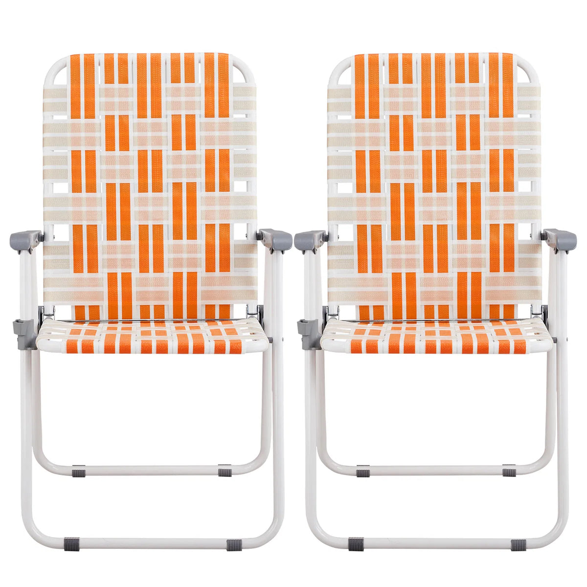 Set of 2 Webbed Folding Beach Chairs, Outdoor Patio Lawn Foldable Chairs for Camping Fishing Yard Poolside BBQ, Orange & White — product image 14