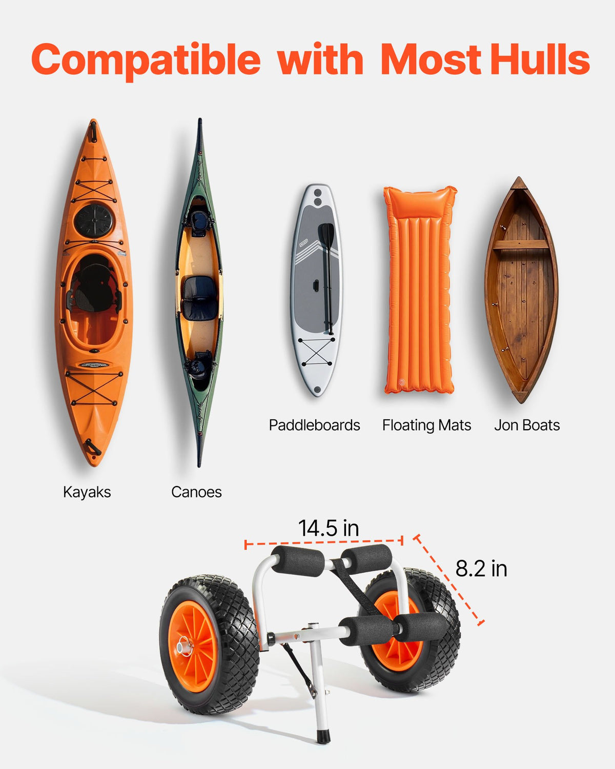 Kayak Cart, 200 Lbs Load Capacity, Foldable Kayak Trolley With 10-inch Solid Rubber Tires & 1 Ratchet Strap, Paddle Board Trolley For Carrying Kayaks, Canoes, Paddleboards, Float Mats, Jon Boats — product image 5