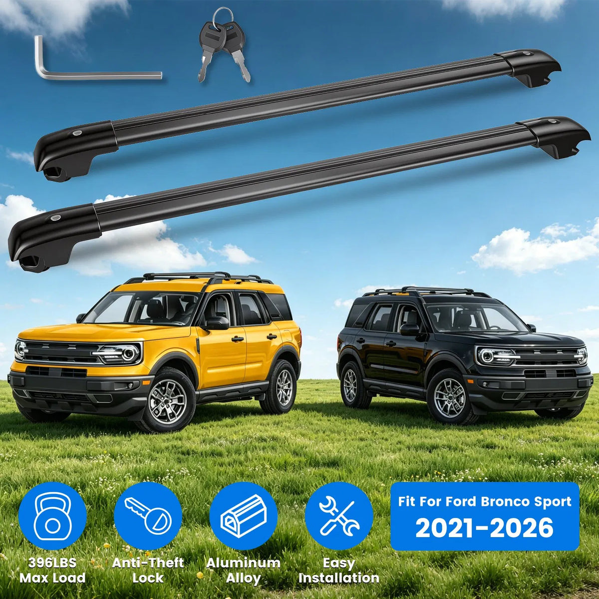 Roof Rack Cross Bars Fit for Ford Bronco Sport 2021-2026 On-Road Off-Road Aluminum Lockable Car Roof Crossbar Set for Factory Raised Side Rails 396LBS Capacity for Luggage Kayak Bike — product image 17