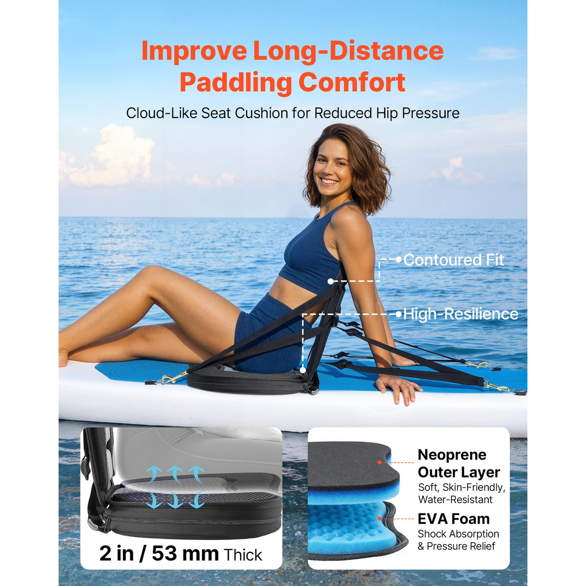 Kayak Seat, 2 Pack 2 Thick, Universal Paddle Board Seat With Back Support, Sit-on-Top Soft Padded Cushion With Storage Bag & Adjustable Straps For SUP, Canoe, Fishing Boat, Inflatable Kayak — product image 2