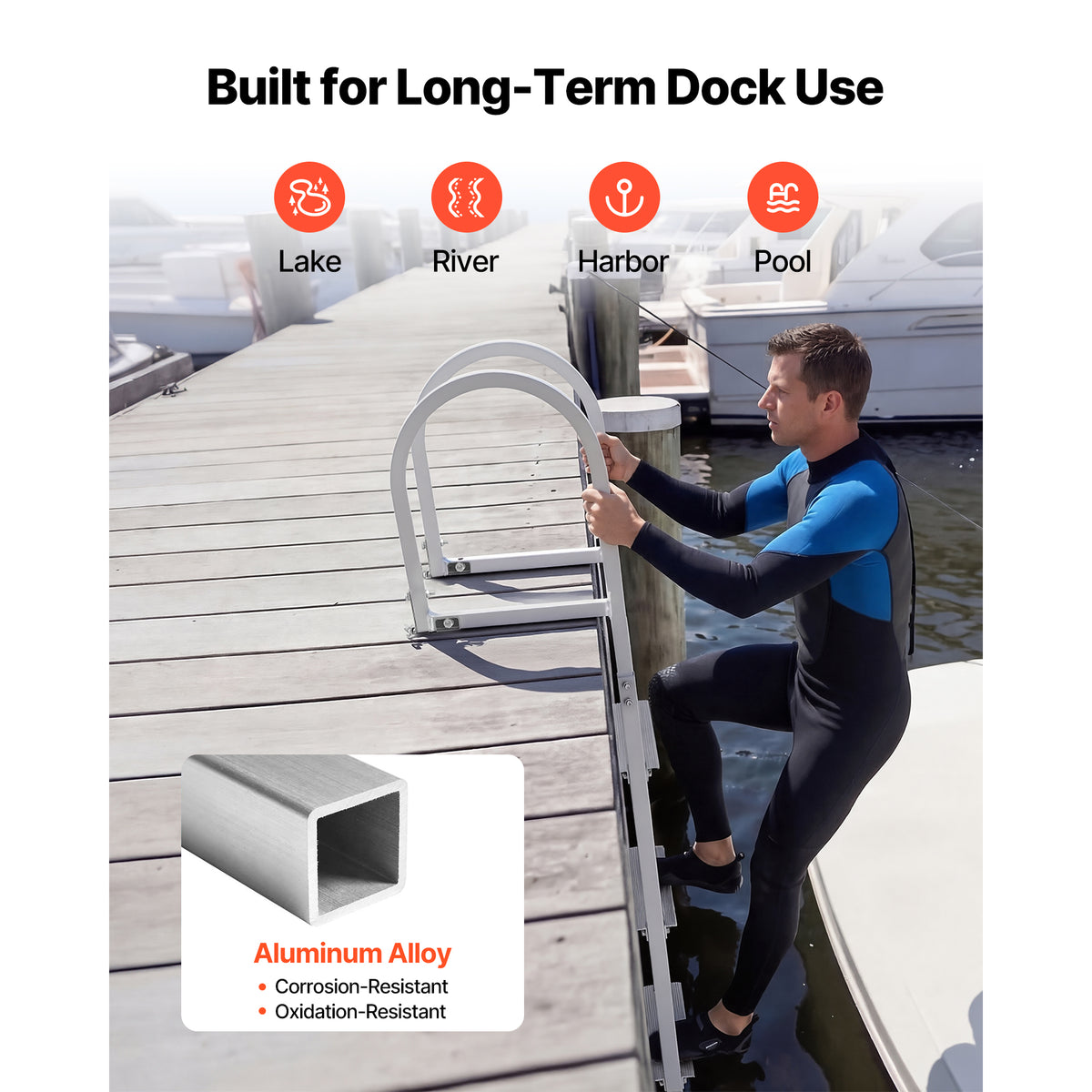 Removable Dock Ladder, 4 Steps, Aluminum Alloy Pontoon Boat Swim Ladder, With Non-Slip Wide Steps, 500 Lbs Weight Capacity, Quick Release Design, For Lake Swimming, Pool, Boat, Marine Boarding — product image 5