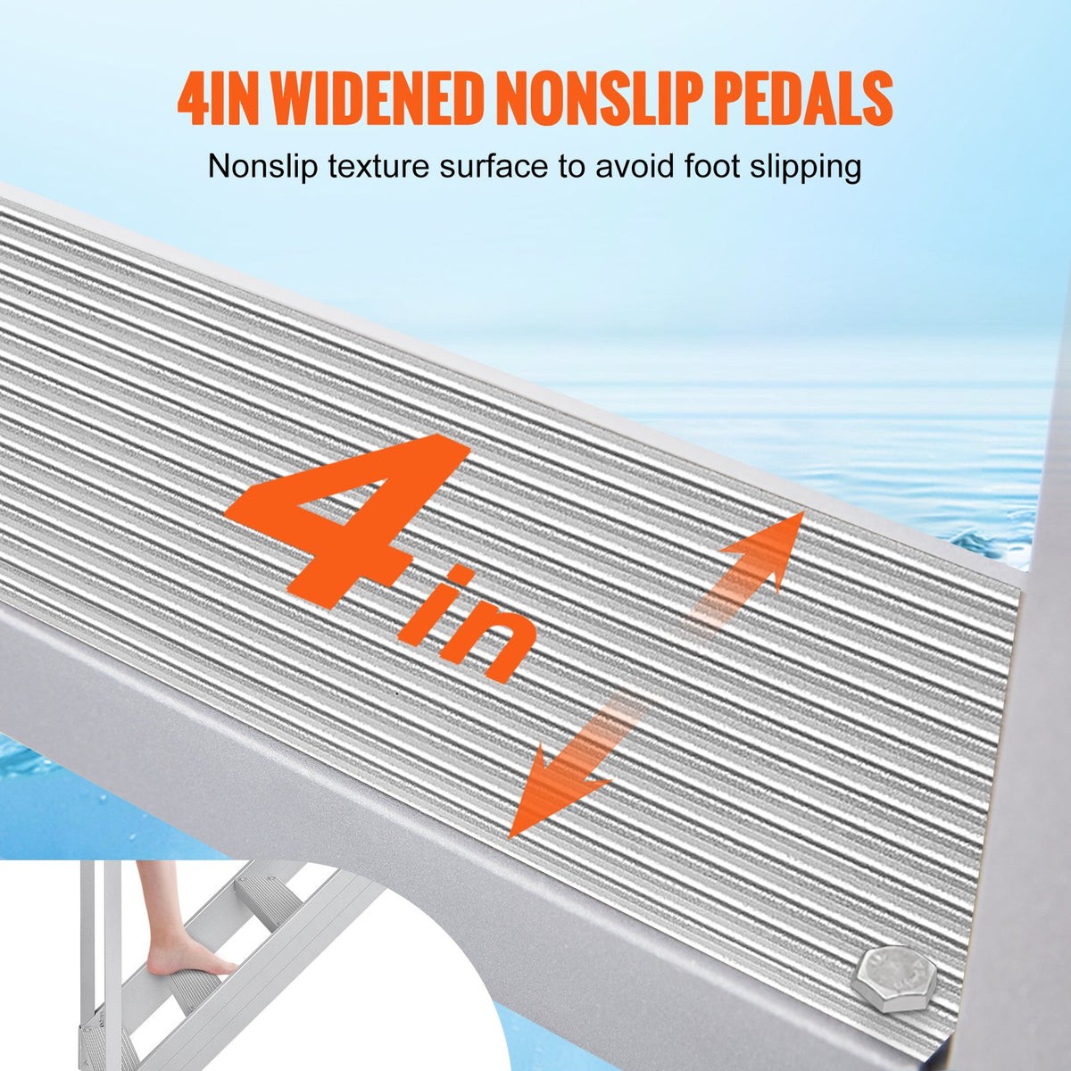 Dock Ladder 4 Step, Dock Stairs 30''-38'' Adjustable Height, 500 Lbs Load Capacity, Aluminum Pontoon Boat Ladder With Dual Handrails & Nonslip Rubber Mat For Ship/Lake/Pool/Marine Boarding — product image 4