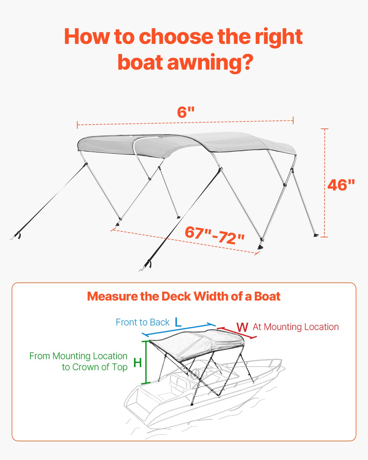 3 Bow Boat Bimini Tops, 600D Polyester Canopy With Aluminum Alloy Frame, Waterproof & Sun Shade Boat Awning Canopy With Storage Bag, 2 Support Poles, 4 Straps, 6'Lx(67"-72")Wx46"H, Light Grey — product image 5