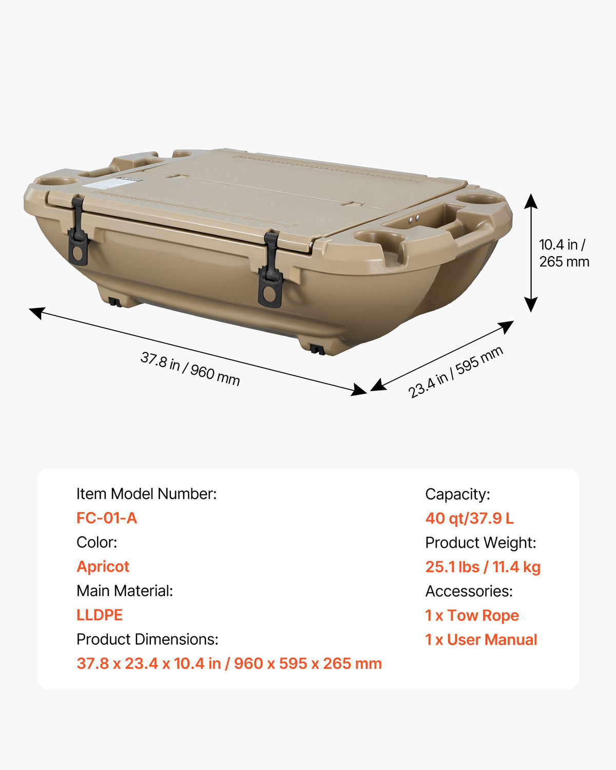 Floating Cooler, 40 QT Floating Ice Chest With Dry Storage & Tow Rope, Premium LLDPE Amphibious Drink Cooler For Water & Land, Cruise Smoothly Stable On Lake, River, Pool, Beach, Kayak, Apricot — product image 1