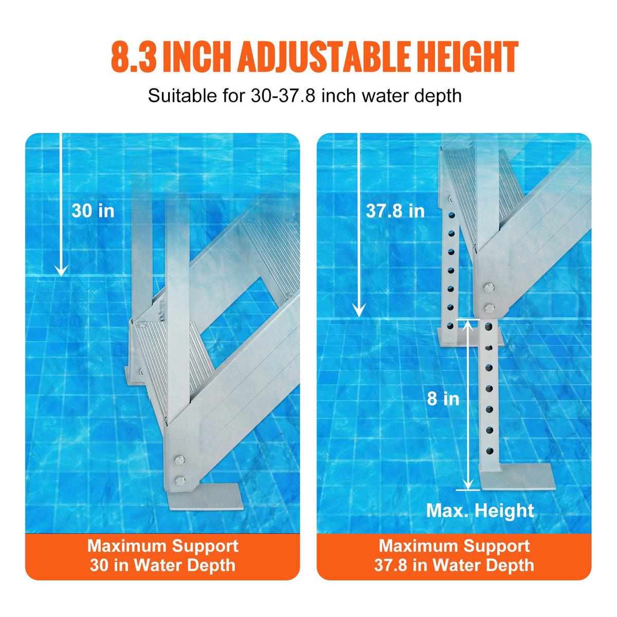 Dock Ladder 4 Step, Dock Stairs 30''-38'' Adjustable Height, 500 Lbs Load Capacity, Aluminum Pontoon Boat Ladder With Dual Handrails & Nonslip Rubber Mat For Ship/Lake/Pool/Marine Boarding — product image 3