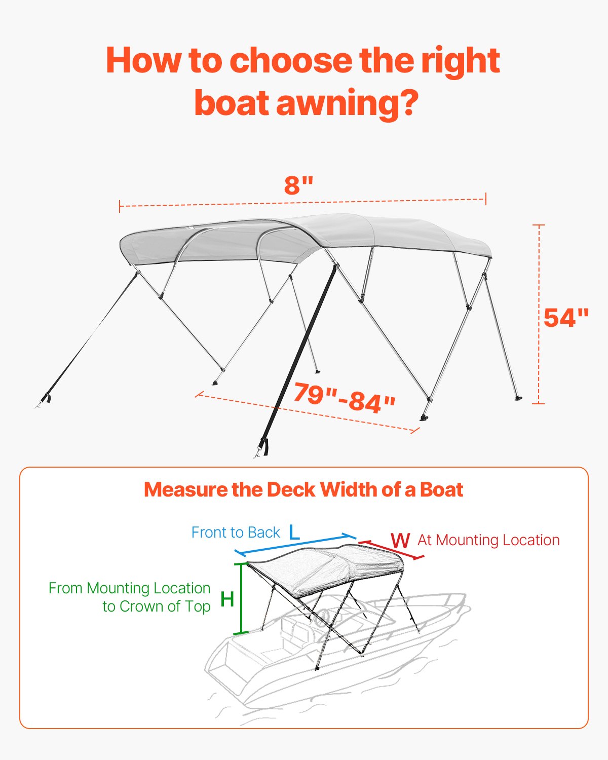 4 Bow Boat Bimini Tops, 600D Polyester Canopy With Aluminum Alloy Frame, Waterproof & Sun Shade Boat Awning Canopy With Storage Bag, 2 Support Poles, 4 Straps, 96"Lx(79"-84")Wx54"H, Light Grey — product image 5