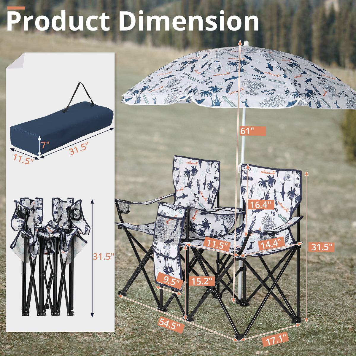 59x19.6x31in, Coconut Tree Pattern, Fishing Chair With Parasol, Camping Chairs — product image 10