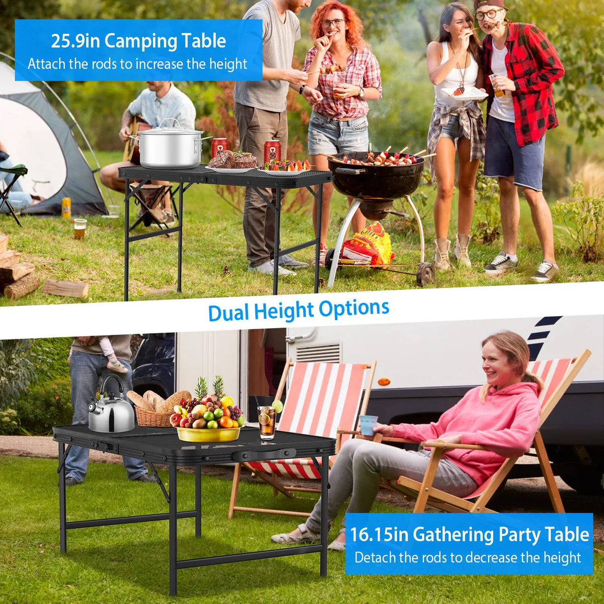 Lightweight Folding Camping Table, 16.15in-25.9in Adjustable Height, 88 Lbs Weight Capacity, Portable Outdoor Table for Backyard, BBQ, Fishing, Camping and Picnic — product image 3