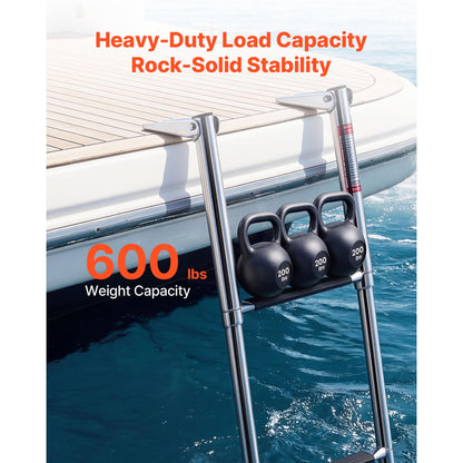 Boat Ladder, 3 Steps, Stainless Steel Telescoping Folding Swim Deck Ladder For Rear Entry Inboard, Heavy Duty 600 Lbs Capacity With Wide Anti-Slip Steps, For Outboards, Yacht, Pontoon Boats — product image 4