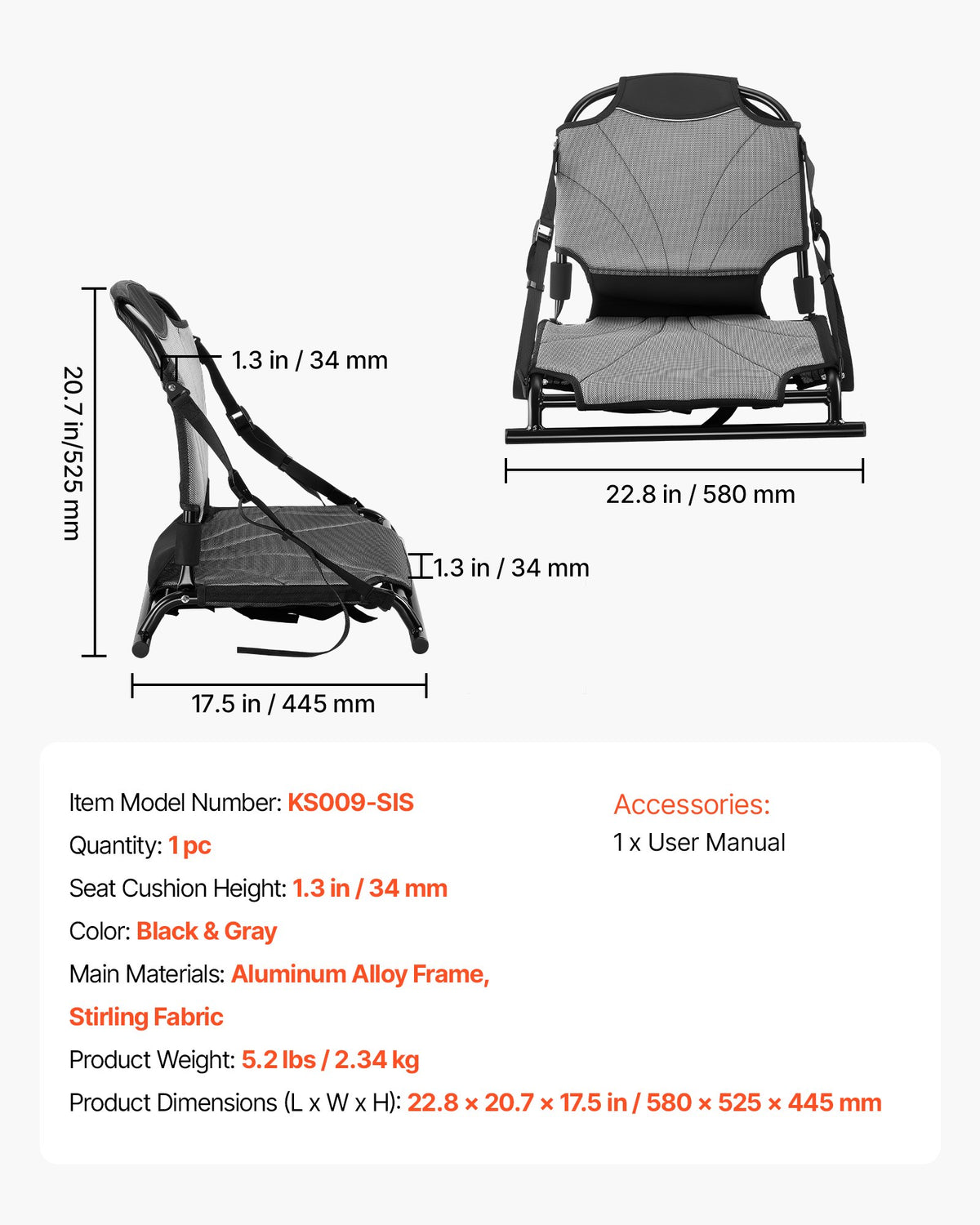 Kayak Seat, 1 Pack 1.3" Raised Height, Universal Foldable Canoe Seat With Adjustable Back Support, Adjustable Straps, And Aluminum Alloy Frame For Sit-on-Top/Fishing/Inflatable Kayaks & Canoes — product image 1