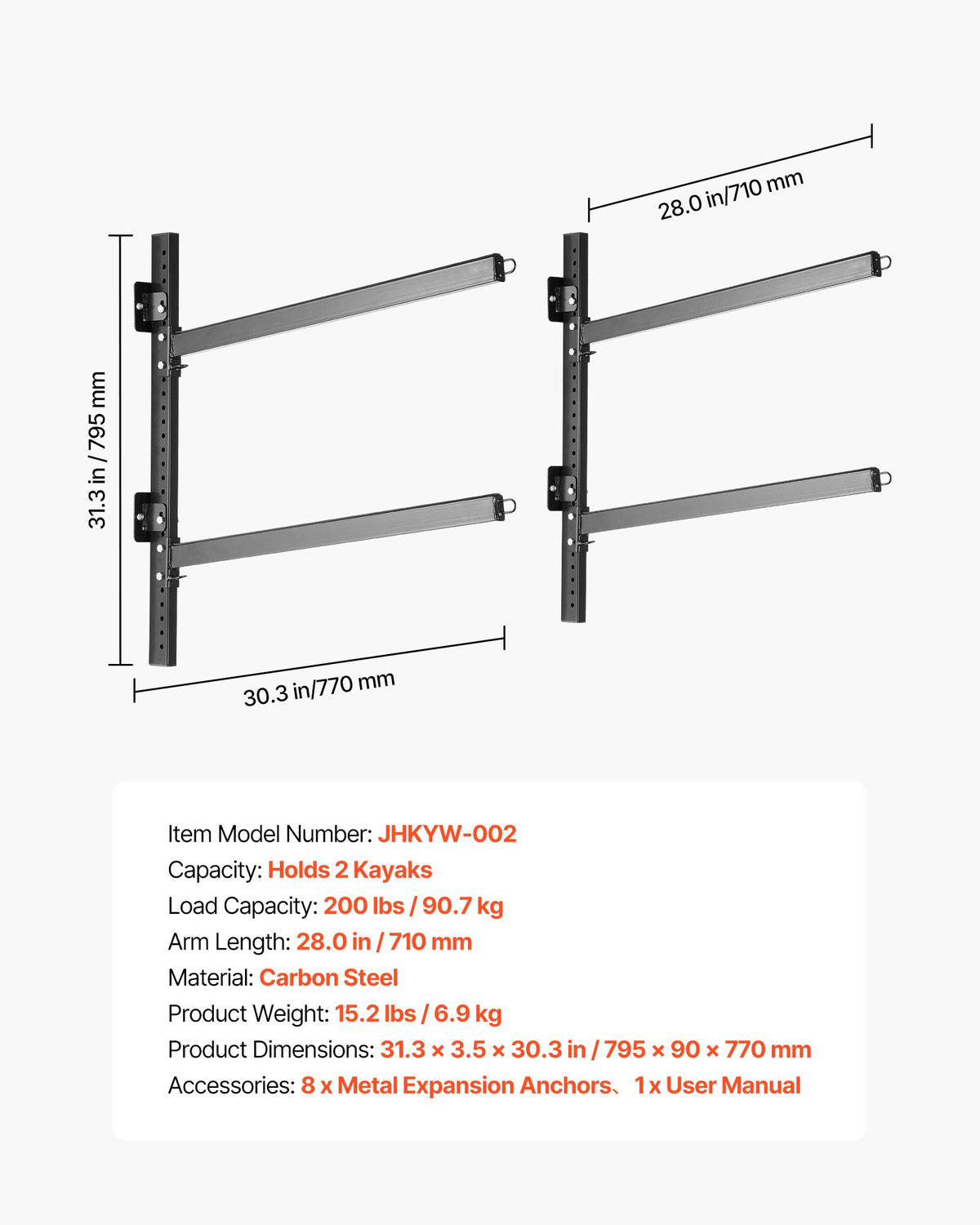 Kayak Storage Rack For 2 Kayaks, Holds 200 Lbs, Heavy Duty Adjustable Wall Mount Stand For Indoor Outdoor Garage Shed Dock, Storage Holder For Canoe, Small Boat, SUP, Surfboard & Paddleboard — product image 1