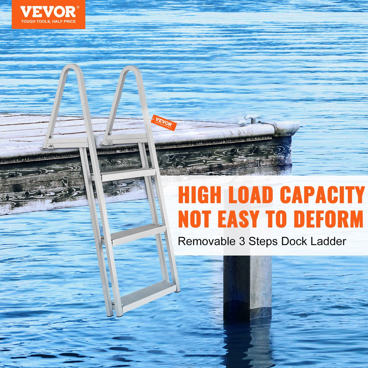 VEVOR Dock Ladder, Removable 3 Steps, 350 Lbs Load Capacity, Aluminum Alloy Pontoon Boat Ladder With 4 Wide Step & Nonslip Rubber Mat, Easy To Install For Ship Lake Pool Marine Boarding — product image 8