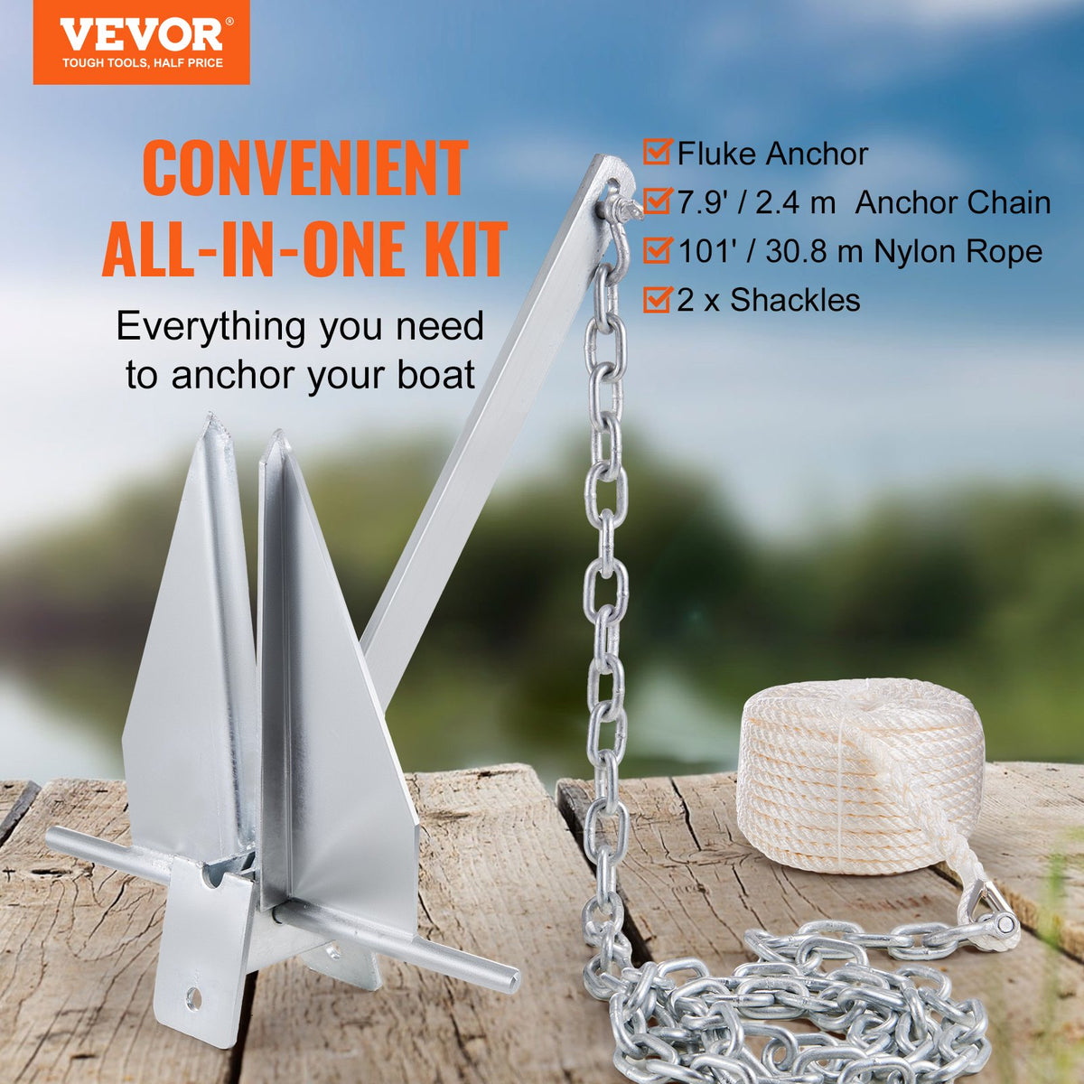 VEVOR Fluke Style Anchor Kit, 13 LBS Hot-Dipped Galvanized Steel Fluke Anchor, Marine Boat Anchor For Small Vessels Under 30', Seas, Rivers And Shores — product image 1