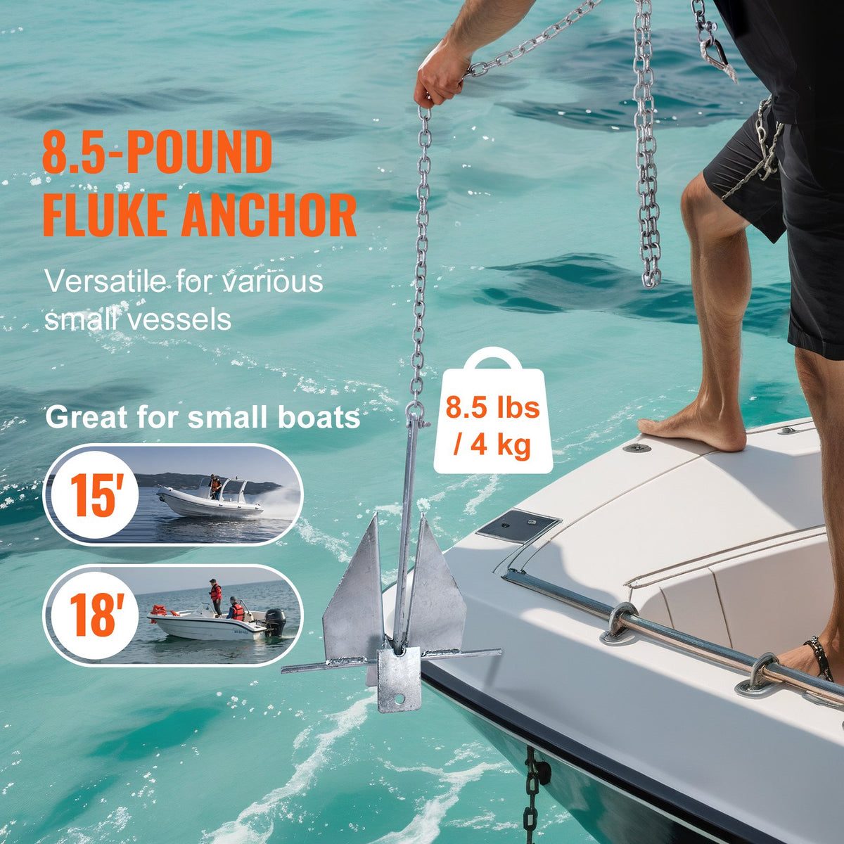 Fluke Style Anchor Kit, 8.5 LBS Hot-Dipped Galvanized Steel Fluke Anchor With 7.9 Chain, 75 Rope And Two 0.4 Shackles, Marine Boat Anchor For Small Vessels Under 18, Seas, Rivers And Shores — product image 11