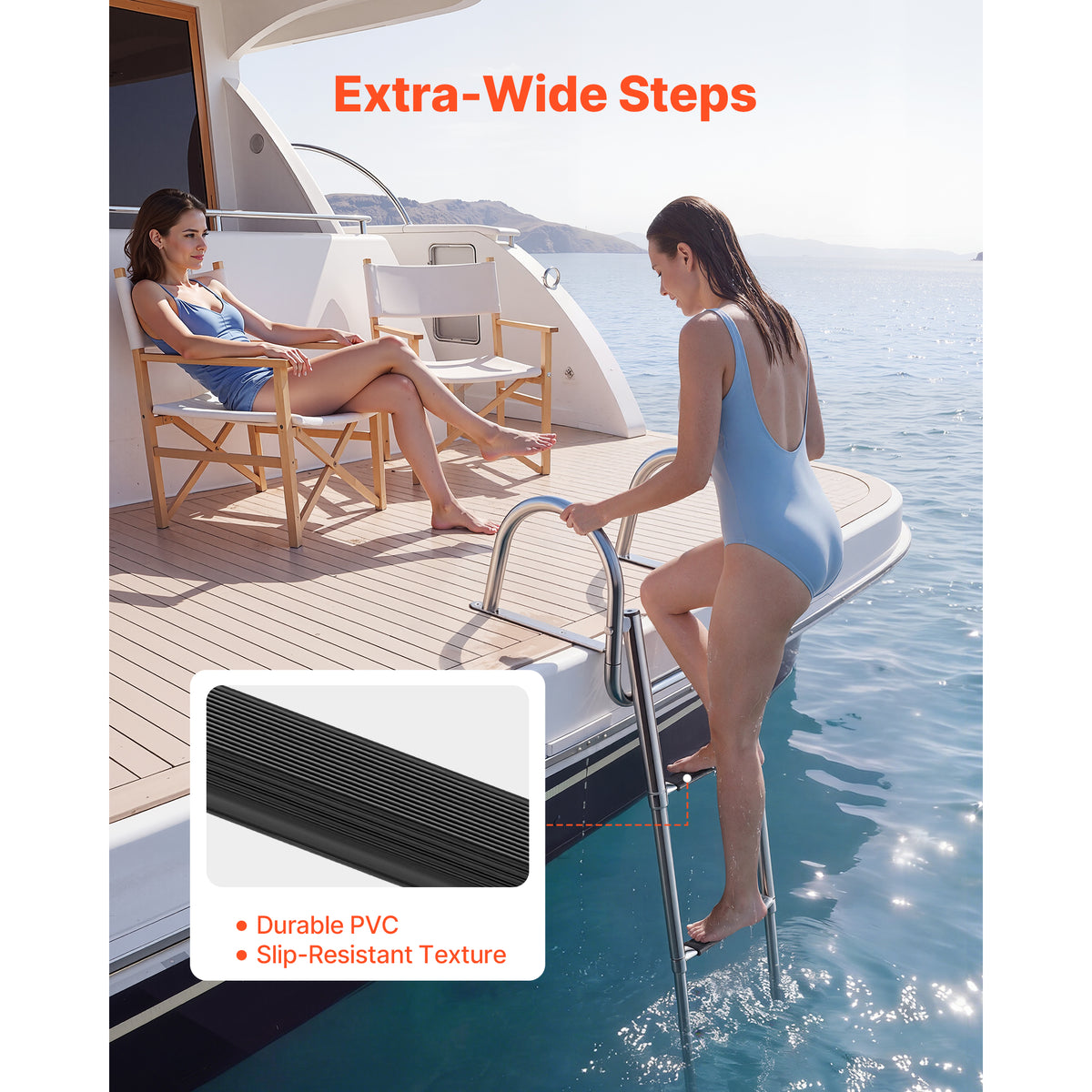 Boat Ladder, 3 Steps, Stainless Steel Telescoping Folding Swim Deck Ladder For Rear Entry Inboard, 600 Lbs Capacity With Wide Anti-Slip Steps & Handrails, For Outboards, Yacht, Pontoon Boats — product image 3