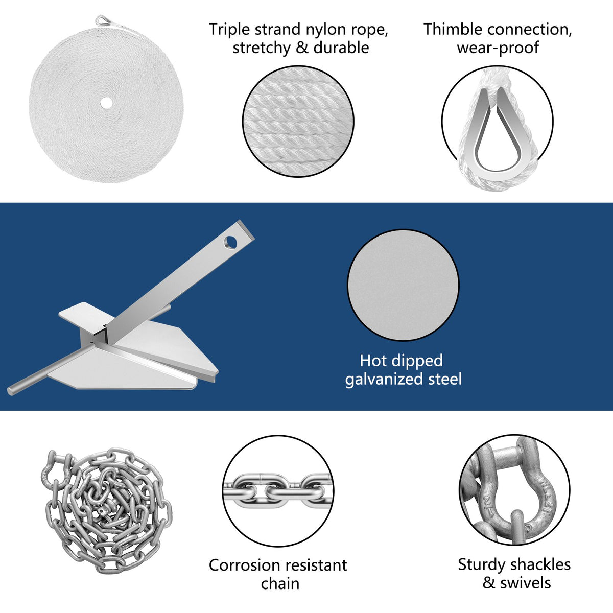 Boat Anchor Kit 13 Lb Fluke Style Anchor, Hot Dipped Galvanized Steel Fluke Anchor, Marine Anchor With Anchor, Shackles, Chain, Rope For Boat Mooring On The Beach, Boats From 20'-32' — product image 4