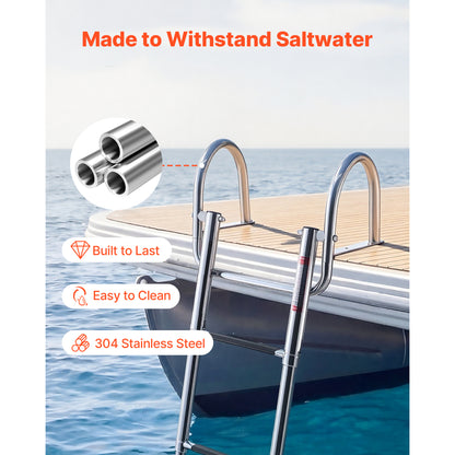 Boat Ladder, 4 Steps, Stainless Steel Telescoping Folding Swim Deck Ladder For Rear Entry Inboard, 600 Lbs Capacity With Wide Anti-Slip Steps & Handrails, For Outboards, Yacht, Pontoon Boats — product image 2