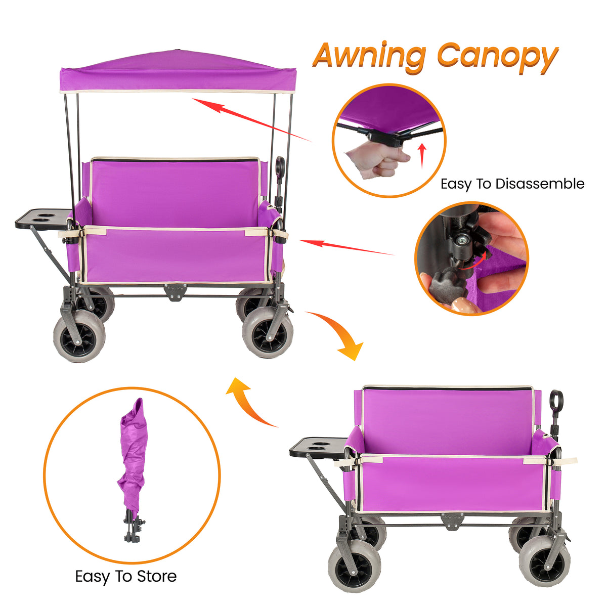 3- In- 1 Collapsible Wagon Converts To Bench Convertible Folding Wagon Cart With Canopy &Rear- Mounted Folding Tabletop 500lbs Heavy- Duty 180L Capacity For Camping Beach Garden Fishing- Purple — product image 4