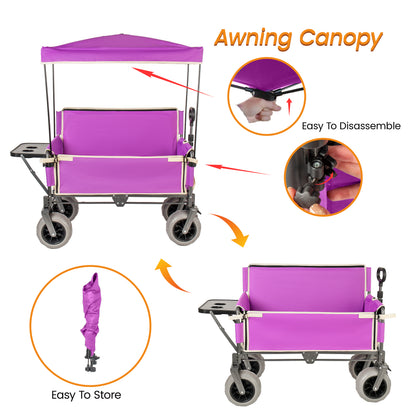 3- In- 1 Collapsible Wagon Converts To Bench Convertible Folding Wagon Cart With Canopy &Rear- Mounted Folding Tabletop 500lbs Heavy- Duty 180L Capacity For Camping Beach Garden Fishing- Purple — product image 4