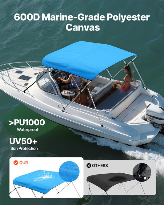 3 Bow Boat Bimini Tops, 600D Polyester Canopy With Aluminum Alloy Frame, Waterproof & Sun Shade Boat Awning Canopy With Storage Bag, 2 Support Poles, 4 Straps, 6'Lx(61"-66")W X46"H, Pacific Blue — product image 2