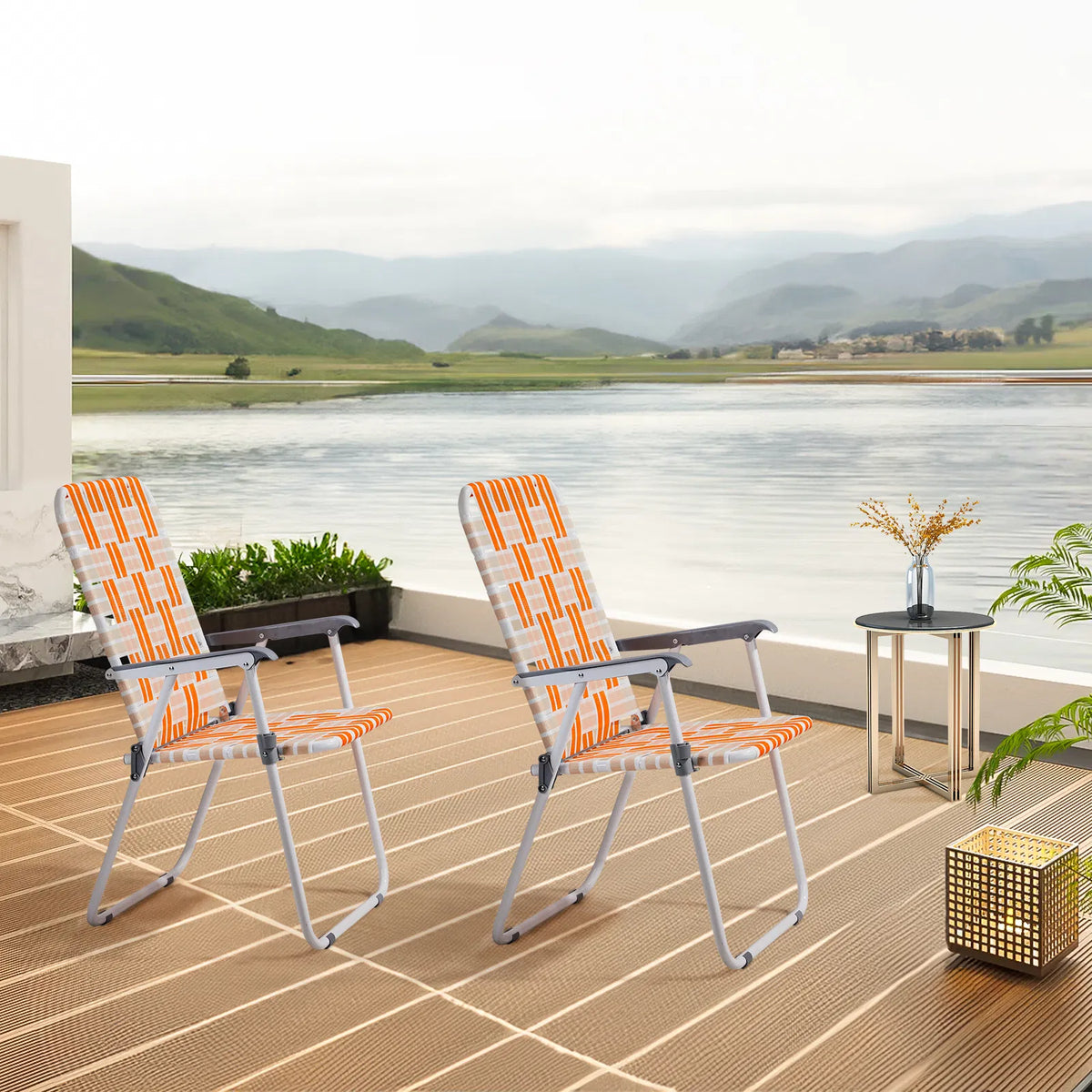 Set of 2 Webbed Folding Beach Chairs, Outdoor Patio Lawn Foldable Chairs for Camping Fishing Yard Poolside BBQ, Orange & White — product image 7