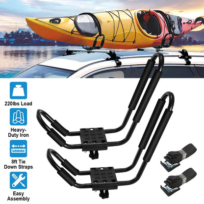 1 Pair Universal J-Bar Kayak Carrier 220LBS Load Heavy Duty Canoe Car Top Mount Carrier Roof Rack With 2Pcs Tie Down Straps — product image 6