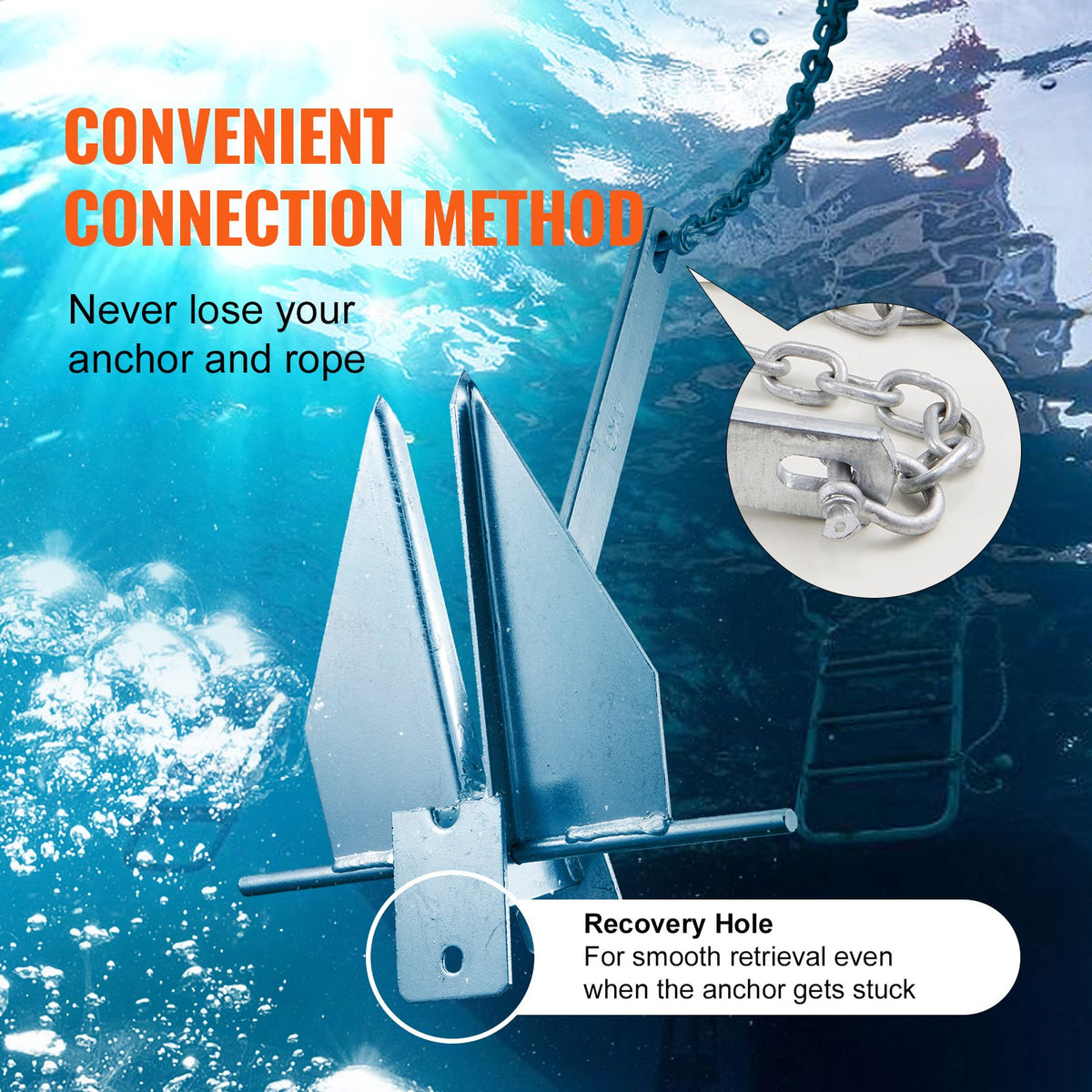 VEVOR Fluke Style Anchor Kit, 13 LBS Hot-Dipped Galvanized Steel Fluke Anchor, Marine Boat Anchor For Small Vessels Under 30', Seas, Rivers And Shores — product image 15