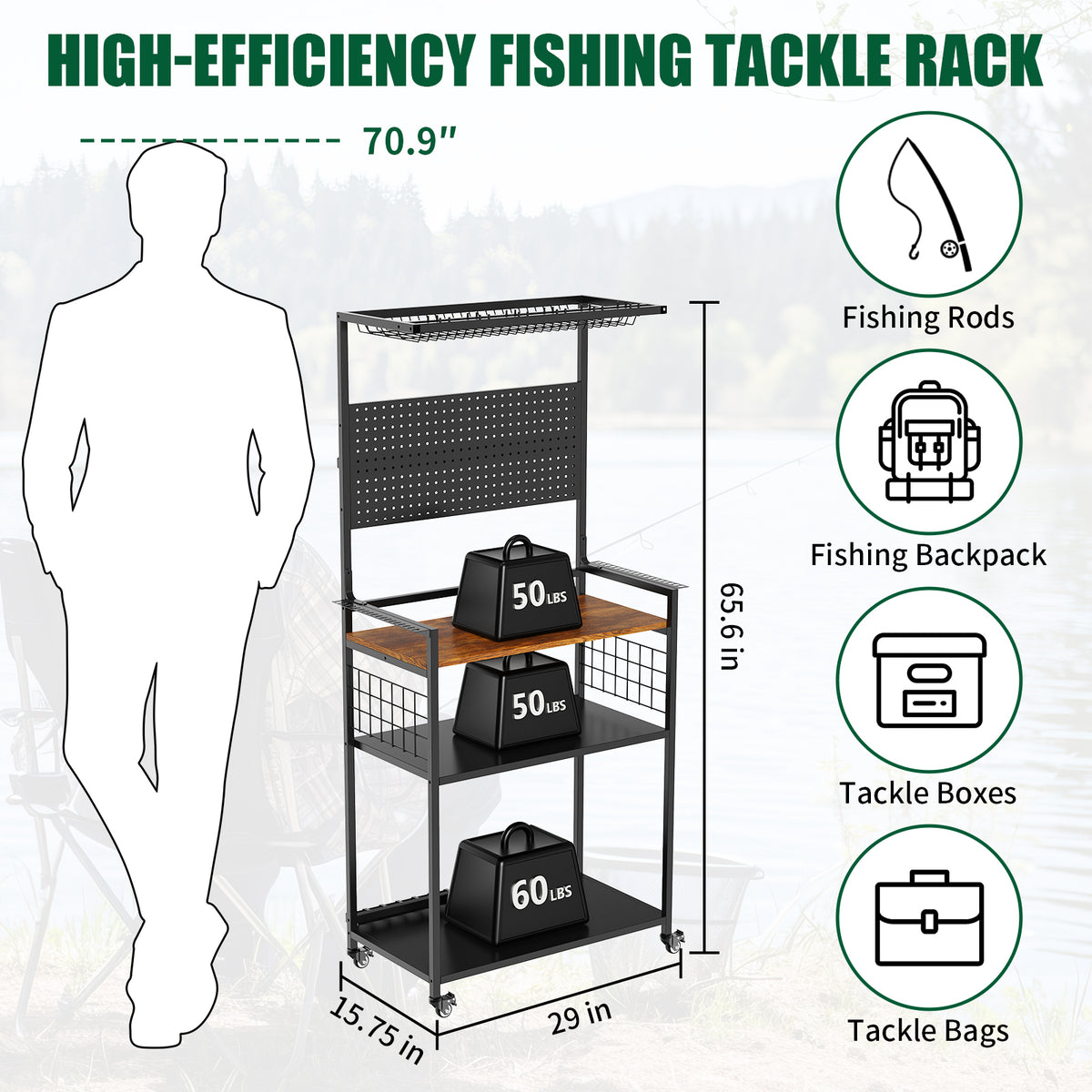 Fishing Rod Storage Rack With Pegboard, Rolling Tackle Organizer Cart, Multi-Tier Fishing Gear Stand For Rods, Reels, Tackle Boxes & Bags, Heavy Duty Metal Holders With Lockable Wheels — product image 2