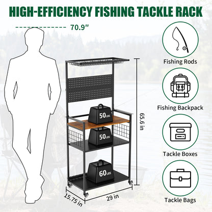 Fishing Rod Storage Rack With Pegboard, Rolling Tackle Organizer Cart, Multi-Tier Fishing Gear Stand For Rods, Reels, Tackle Boxes & Bags, Heavy Duty Metal Holders With Lockable Wheels — product image 2