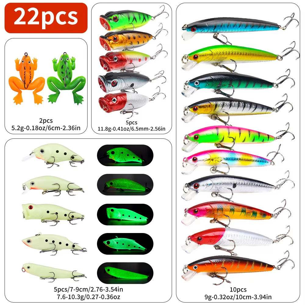 22pcs 1set Hard Lure Bait Soft Frog Popper Minnow Pencil VIB Luminous Lure Kit Durable Hooks Realistic Action Ideal — product image 7