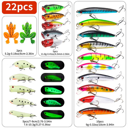 22pcs 1set Hard Lure Bait Soft Frog Popper Minnow Pencil VIB Luminous Lure Kit Durable Hooks Realistic Action Ideal — product image 7