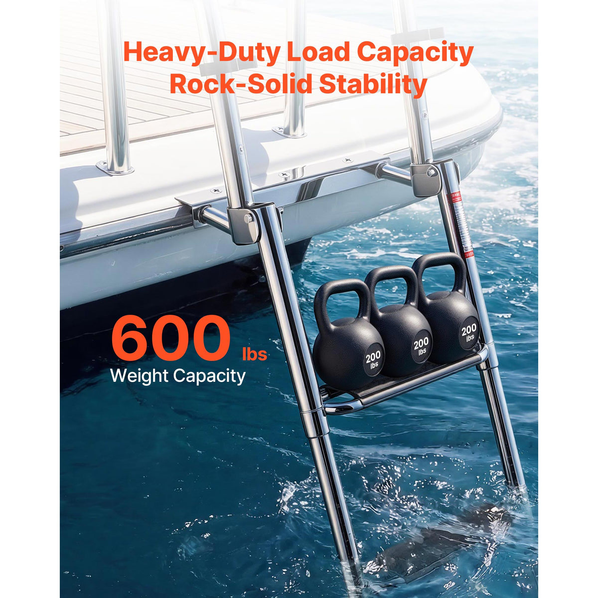 Boat Ladder, 4 Steps, Stainless Steel Telescoping Folding Swim Deck Ladder For Rear Entry Inboard, 600lbs Capacity With Extra Wide Anti-Slip Steps & Handrails, For Outboards, Yacht, Pontoon Boat — product image 5