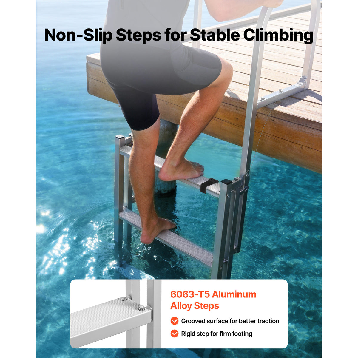 Retractable Dock Ladder, 5 Steps, Aluminum Alloy Pontoon Boat Swim Ladder, With Non-Slip Wide Steps, 350 Lbs Weight Capacity, Adjustable Height, For Lake Swimming, Pool, Boat, Marine Boarding — product image 3