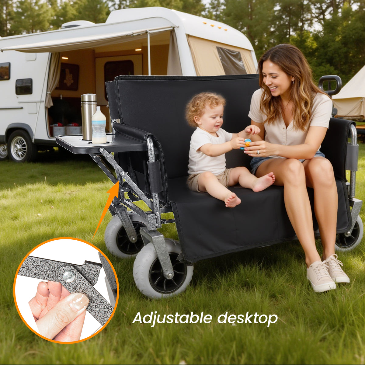 3- In- 1 Collapsible Wagon Converts To Bench Convertible Folding Wagon Cart With Canopy &Rear- Mounted Folding Tabletop 500lbs Heavy- Duty 180L Capacity For Camping Beach Garden Fishing- Black — product image 3