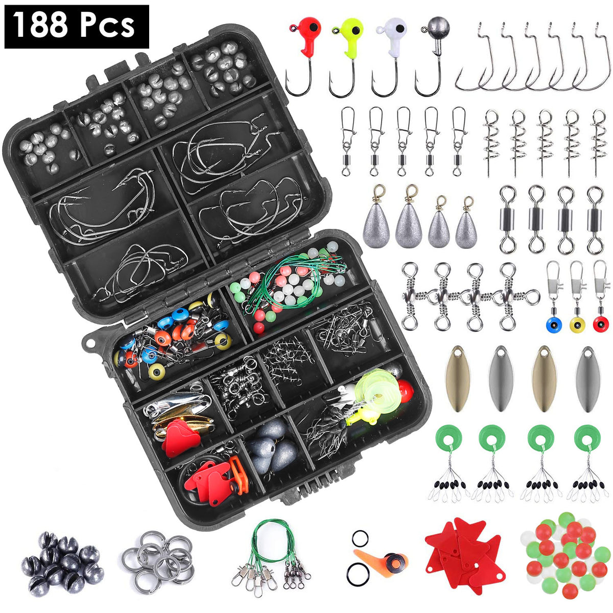 188Pcs Fishing Accessory Kit Portable Fishing Set Including Jig Hooks Sinker Weights Spoon Lure Removable Split Shot With Tackle Box For Fathers Day Gift — product image 1