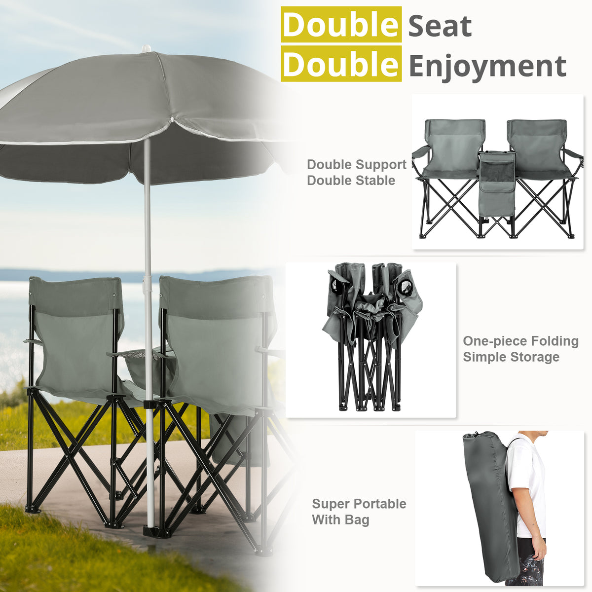 59x19.6x31in, Grey, Fishing Chair, Iron Stand, Oxford Cloth 85kg With Parasol — product image 20