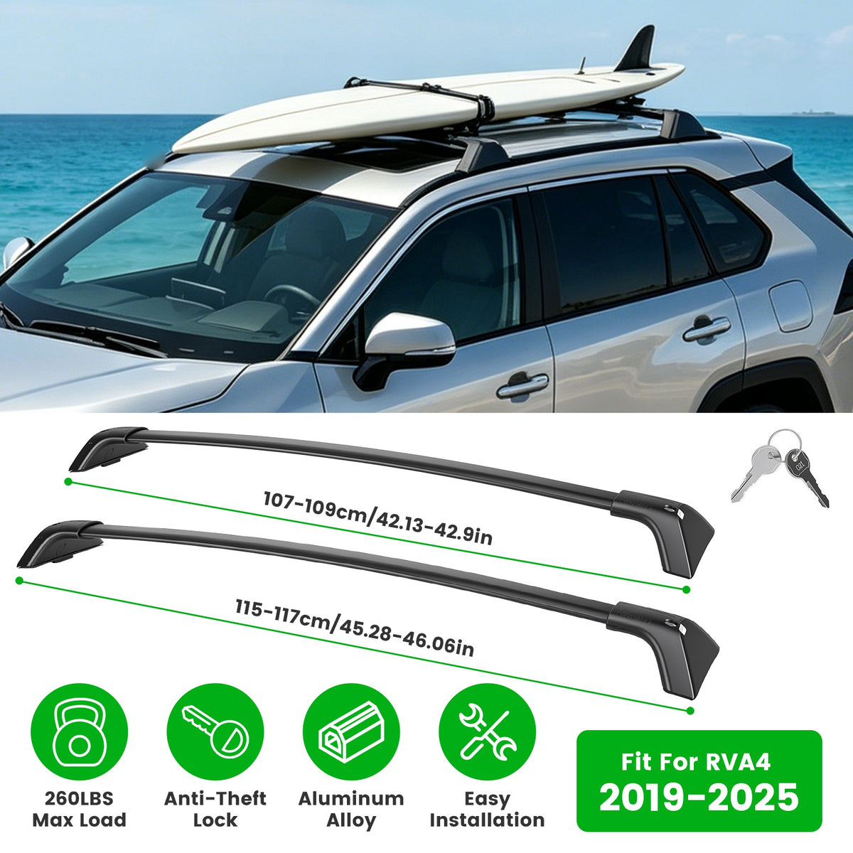 Roof Rack Cross Bars For Fit RAV4 2019-2025 Aluminum Roof Rails Cargo Crossbars For Flush Side Rails Heavy Duty Rooftop Carrier Anti-Theft Lock For Kayak Bike Luggage 260lbs Capacity — product image 1