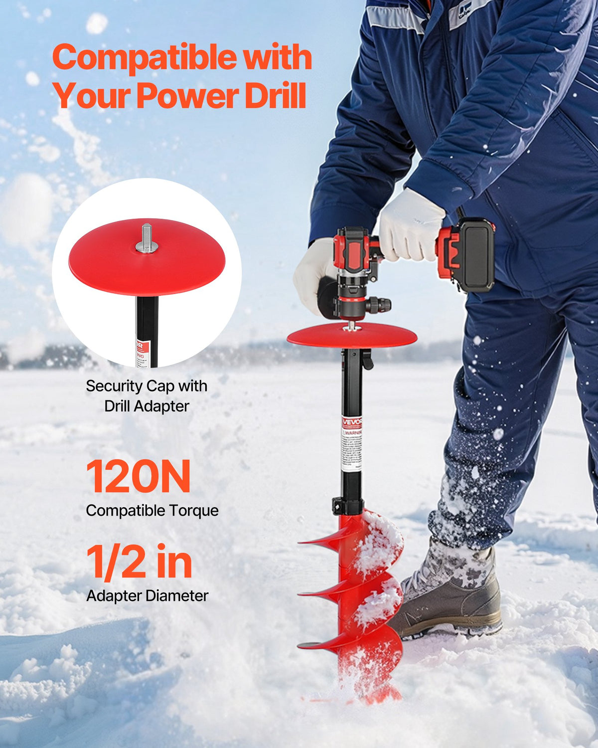 Ice Auger Drill Bit, 8in Diameter 41in Length, Cordless Nylon Ice Fishing Augers With Extra 13.4in Extension Rod, Drill Adapter, Top Plate And Blade Guard — product image 4