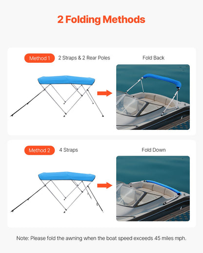 3 Bow Boat Bimini Tops, 600D Polyester Canopy With Aluminum Alloy Frame, Waterproof & Sun Shade Boat Awning Canopy With Storage Bag, 2 Support Poles, 4 Straps, 72"Lx(79"-84")Wx46"H, Pacific Blue — product image 4