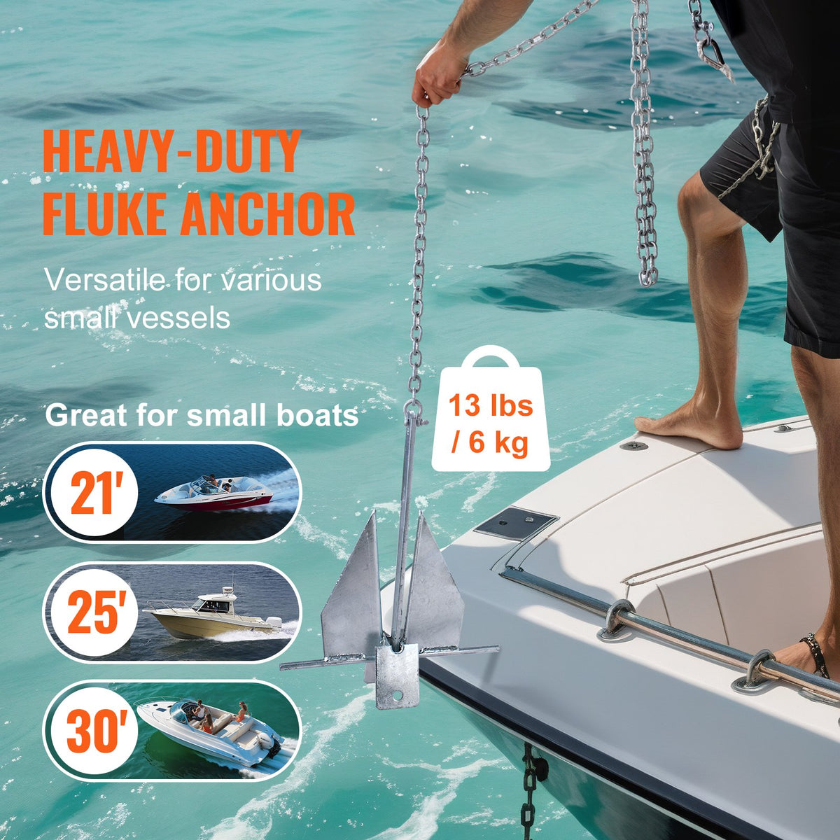 VEVOR Fluke Style Anchor Kit, 13 LBS Hot-Dipped Galvanized Steel Fluke Anchor, Marine Boat Anchor For Small Vessels Under 30', Seas, Rivers And Shores — product image 14