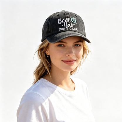 Boat Hair Don't Care Embroidered Baseball Cap, Vintage Washed Distressed Cotton Hat With Ship Wheel Embroidery For Women Boating Fishing Beach — product image 3