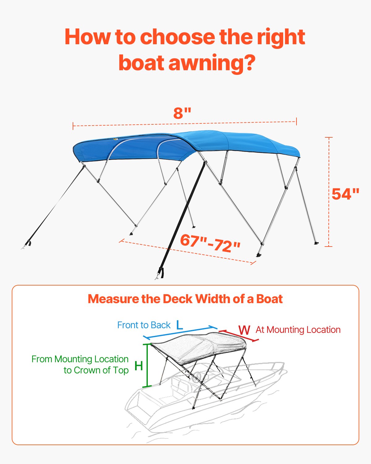 4 Bow Boat Bimini Tops, 600D Polyester Canopy With Aluminum Alloy Frame, Waterproof & Sun Shade Boat Awning Canopy With Storage Bag, 2 Support Poles, 4 Straps, 96"Lx(67"-72")Wx54"H, Pacific Blue — product image 5