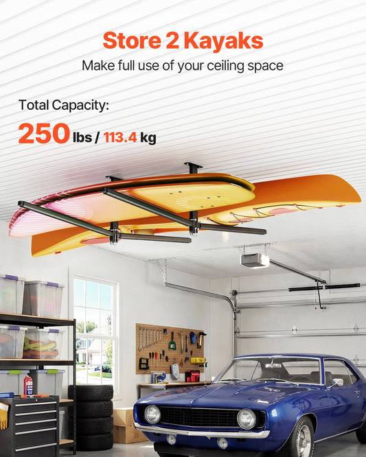 Kayak Storage Rack For 2 Kayaks, Holds Up To 250 Lbs, Heavy Duty Adjustable Ceiling Rack For Garage Ceiling Mount, Overhead Garage Storage Hanger For Canoe, Ladder, SUP, Surfboard & Paddleboard — product image 2