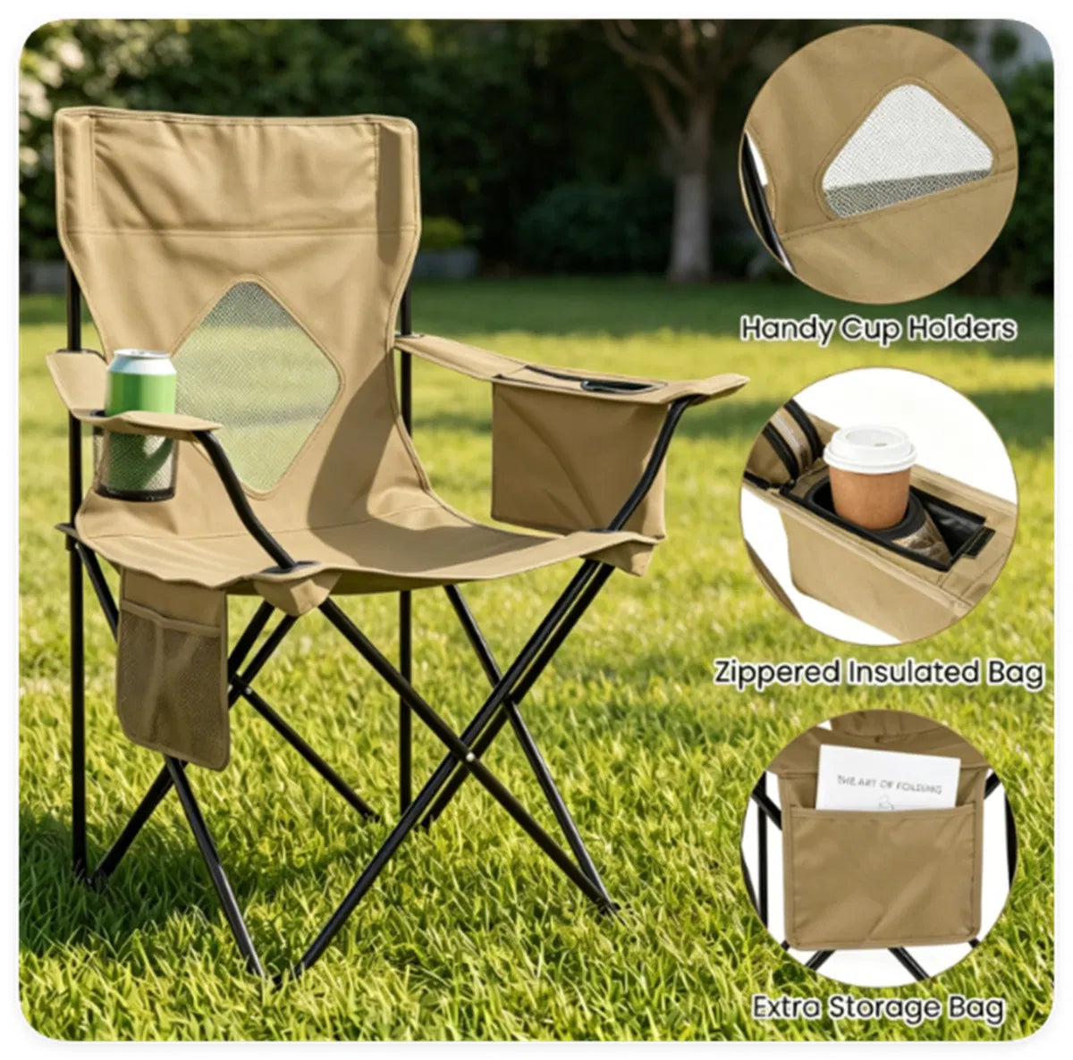 Folding Camping Chair, Heavy-Duty Metal Frame Portable Outdoor Chair with Cup Holder, Insulated Cooler Bag & Side Pocket for Camping Fishing Beach — product image 2
