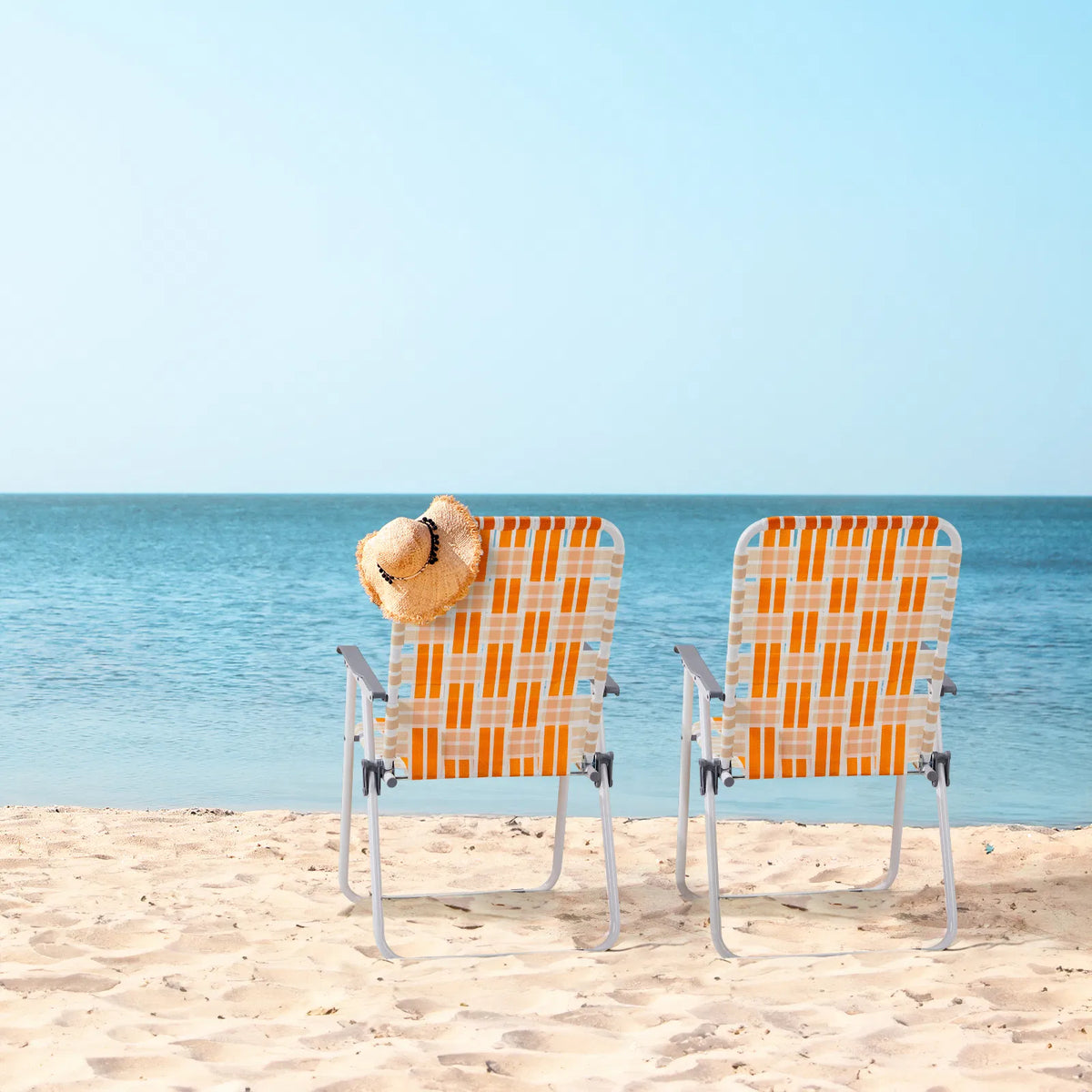 Set of 2 Webbed Folding Beach Chairs, Outdoor Patio Lawn Foldable Chairs for Camping Fishing Yard Poolside BBQ, Orange & White — product image 2