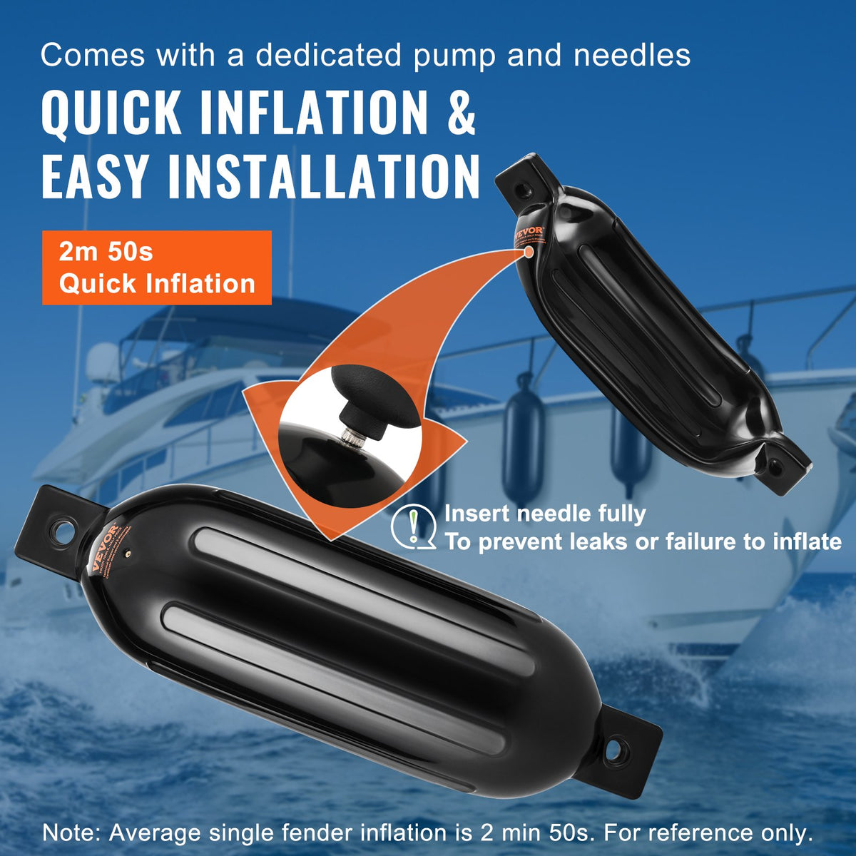 Boat Fenders, 8.5" X 26" Boat Bumpers For Docking, Inflatable Ribbed Fender With Center Holes, Marine Boat Dock Fender Bumper With Air Pump, 4 Needles And 4 Ropes And Storage Bag, Black — product image 4