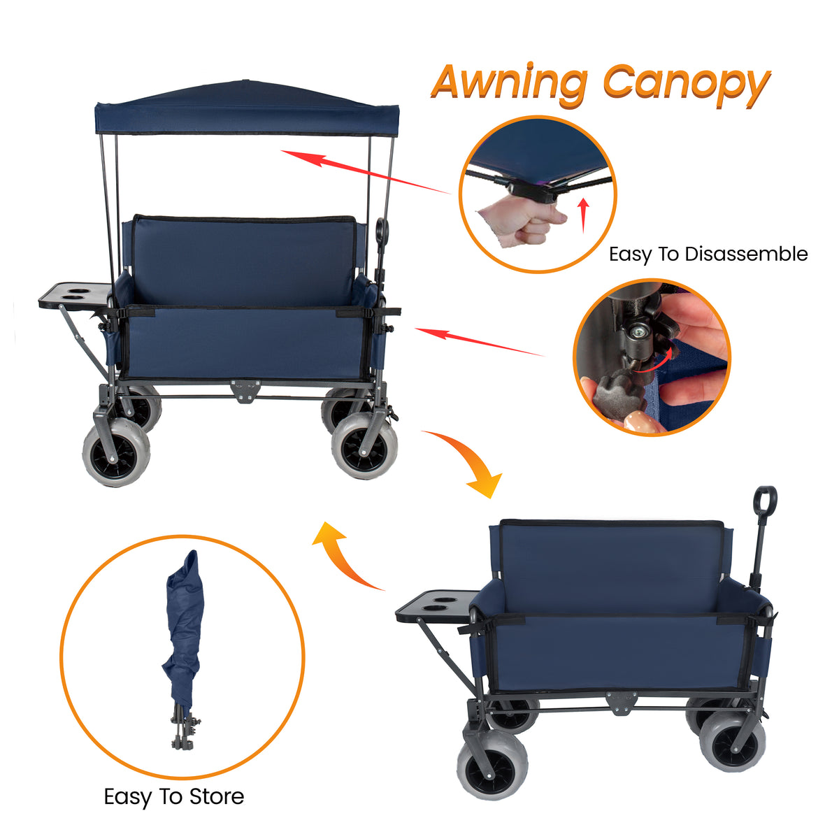 3-in-1 Collapsible Wagon Converts To Bench Convertible Folding Wagon Cart With Canopy &Rear-Mounted Folding Tabletop 500lbs Heavy-Duty 180L Capacity For Camping Beach Garden Fishing Dark Blue — product image 4