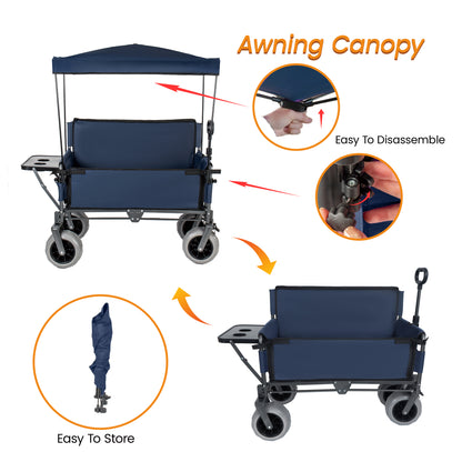 3-in-1 Collapsible Wagon Converts To Bench Convertible Folding Wagon Cart With Canopy &Rear-Mounted Folding Tabletop 500lbs Heavy-Duty 180L Capacity For Camping Beach Garden Fishing Dark Blue — product image 4