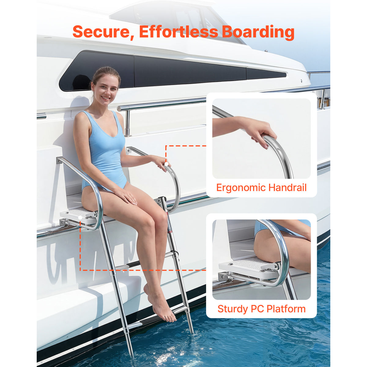 Boat Ladder, 3 Steps, Stainless Steel Telescoping Folding Swim Deck Ladder For Rear Entry Inboard, 400 Lbs Capacity With Wide Anti-Slip Steps & Handrails, For Outboards, Yacht, Pontoon Boats — product image 4